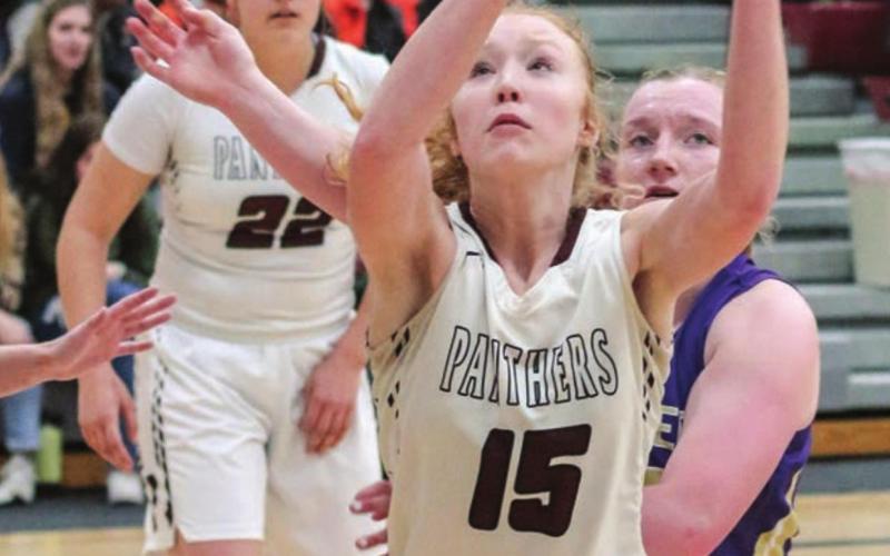 Timber Lake’s Kendyl Locken receives a post entry pass on offense for the Panthers. Photos by Jon Flatland