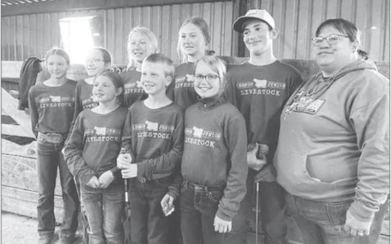 Dewey County 4-H members who showed livestock at Lemmon on Sept. 10 were FRONT (L-R): Finley Boldt of Isabel, Gracen Gill of Timber Lake, Maya Biegler of Timber Lake; BACK: Josie Boldt of Isabel, Bricelyn Pederson of Firesteel, Talley Locken of Isabel, Lexi Locken of Isabel, Levi Berndt of Isabel, and Coach Lisa Pederson of Firesteel.