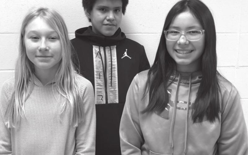 SIXTH GRADE SPELLERS.Talley Locken (winner), Harlem Mutchler (alternate) and Amanda Red Bear (alternate). NOT PICTURED: Hudson Gill (winner)