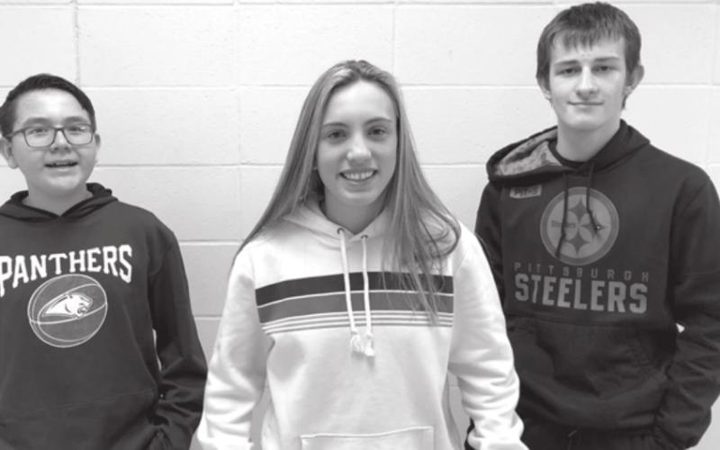 EIGHTH GRADE SPELLERS. Devon Swift Hawk (alternate), Mckenzi Vomacka (winner) and Landon Lemburg (alternate). NOT PICTURED: Meredith Maciejewski (winner).