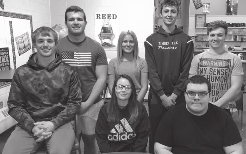 Timber Lake students who won awards in their categories the High Plains Regional Science and Engineering Fair are FRONT (L-R): Hank Kraft, Michaela Hoyt, Seth Barnica; BACK: Sawyer Holzer, Bailey Keller, Kedrick Martin, and Caleb Quinn.