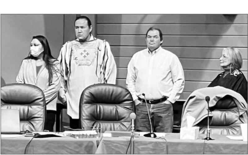Cheyenne River Sioux Tribe officials sworn in by Chief Judge Brenda Claymore (RIGHT) at the inauguration ceremony are (L-R) EvAnn White Feather (secretary), Ryman LeBeau (chairman) and Kevin Keckler (treasurer). Courtesy photo