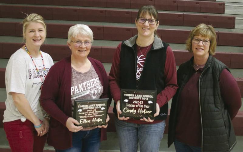 The Timber Lake School recognized its 2022-23 Teacher of the Year and Missy Stover Award winner on Thursday, March 2. Pictured, l-r, are Elementary Principal Danae Paxton, elementary principal; Ellen Hulm, Missy Stover Support Staff Award recipient; Cindy Holzer, Teacher of the Year; and Julie Marshall, middle school/high school principal. Photo by Jon Flatland