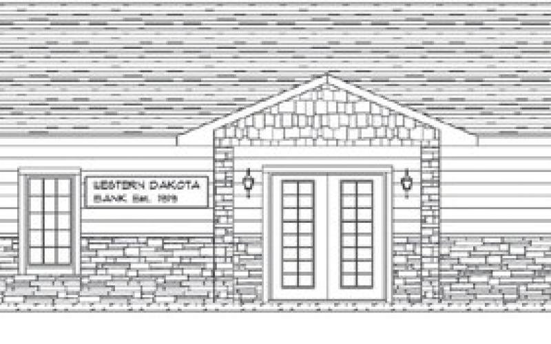 An architects’ rendering of the new Western Dakota Bank building to be located at the corner of Idaho and Main in Isabel shows the front entrance, which will face east, and a drive-thru teller bay on the south side of the building.