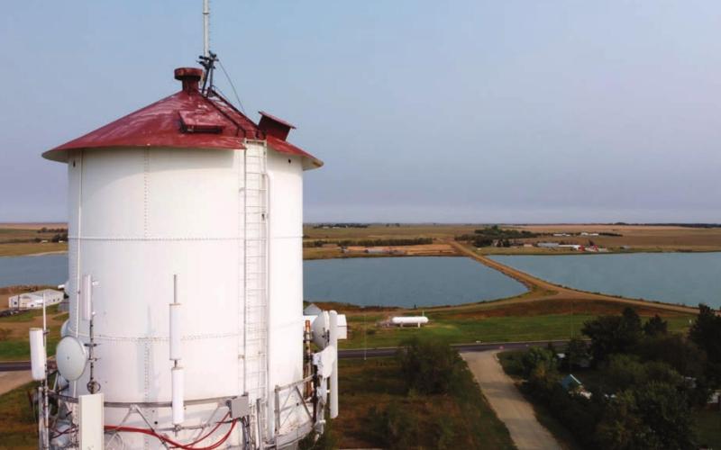 This aerial view of the north end of town shows some of the antennas and other equipment mounted on Timber Lake City’s water tower.
