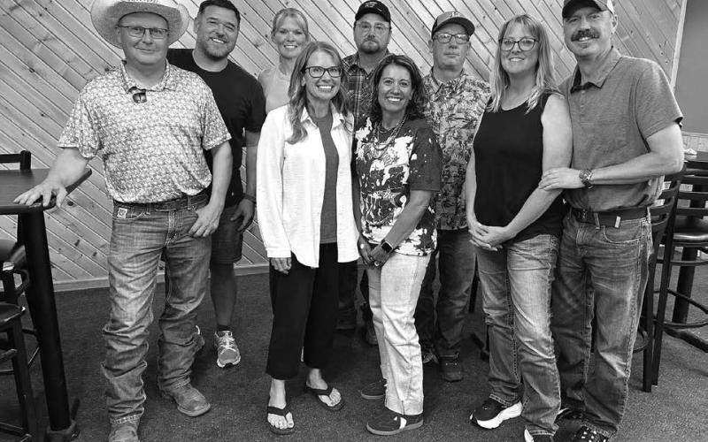 TheTimber Lake High School Class of 1994 (RIGHT) held an impromptu reunion recently when Cody Burnette was home. Front (l-r) are Bryan Gill, Jake (Yvette) Ducheneaux Houck, Jessica Witte Ducheneaux, Val Reiss, Billy Yuker; back: Cody Burnette, Jackie Hahne Grage, Steve Holzer, Ed Ducheneaux.