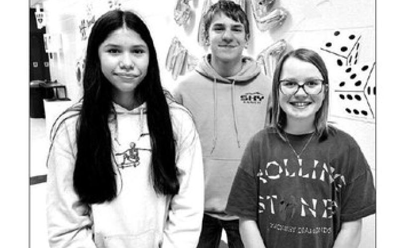 NWAS Spelling Bee winners from Timber Lake Middle School (l-r) Autym Red Bear, Preston Maciejewski, and Maya Biegler. Photos by Kathy Nelson