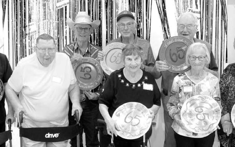 Sixty-five years of memories to share for the Isabel Class of 1961! Front: Ben Grey Eagle, Don Taylor, Kay (Schweitzer) Gill, Elsie ( Whittlinger) Njos, and Joyce (Meland) Waddell; Back: Roy Gill, Bob Waddell, and Kenny Lindskov. Photo by Patty Peacock