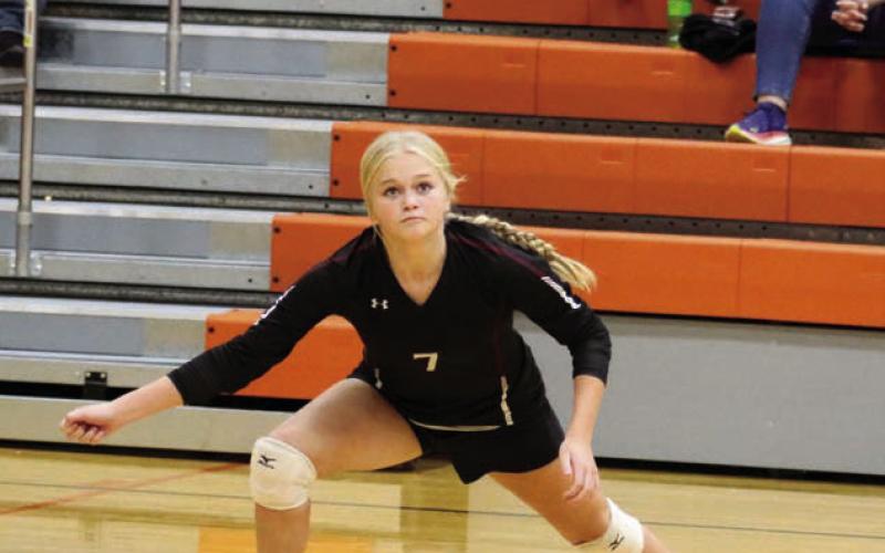 Timber Lake junior Hailey Roggow makes a lunging attempt to return a shot during action at the Subway Volleyball Invitational held Saturday, Sept. 21, in Ipswich. The Panthers went 0-4 at the event and hope to turn things around at the Little Moreau Conference Tournament in Lemmon this Saturday, Sept. 28. See Page 10 for more volleyball and cross country coverage. Photo by Jon Flatland