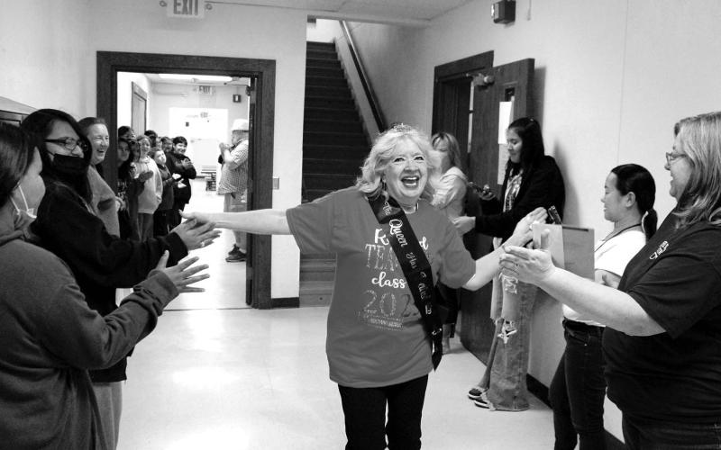 Dupree teacher Kim Shannon is congratulated on her last day of school.