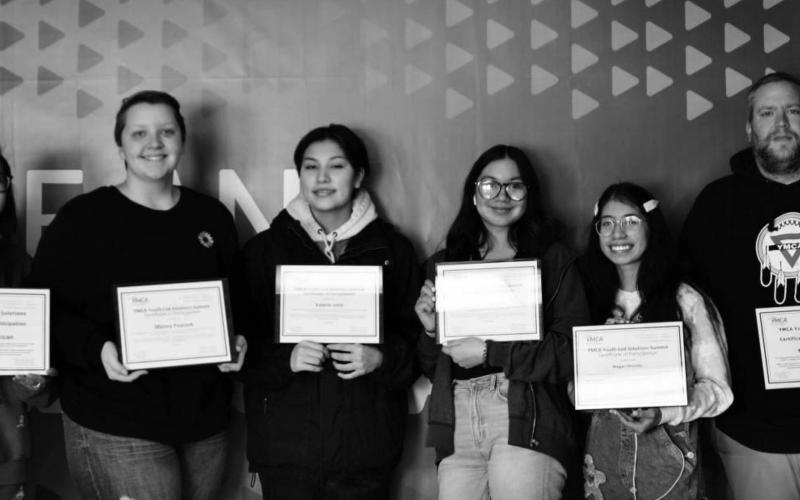 The Dupree High School food program team. L-R are students Marion Petersen, Malory Peacock, Valerie Janis, Haley Rapada, and Megan Hinrichs, with their mentor/advisor, Mark Barron, executive director of the Sioux YMCA.