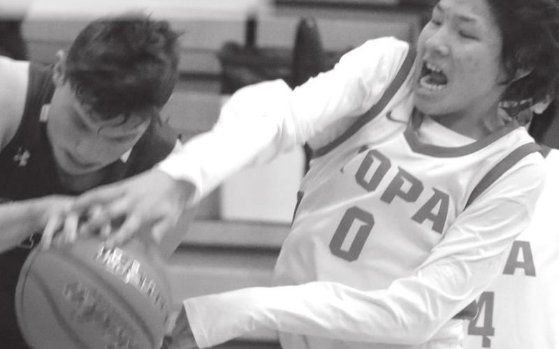 Tiospaye Topa’s Carmelo Hawk rips the ball away from Bobby Brewer during their LMC tournament contest.