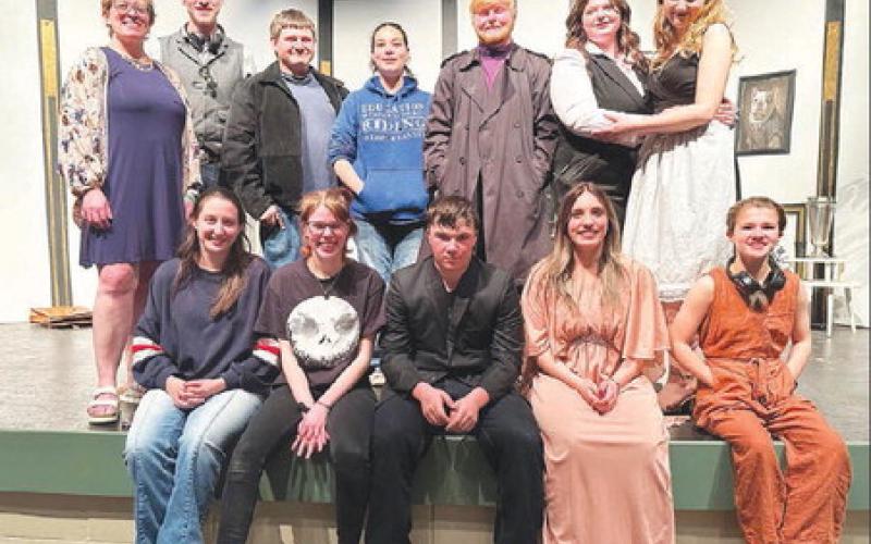 Cast and crew of “The One Act Play that Goes Wrong.” Front (l-r) Callie Olson (asst. director), River Boysen, Brady Maher, McKenzi Vomacka, Claire O’Leary; BACK: Heather Kraft (director), Matthias Olson (set designer), Jesse Ridl, Taylor Peterson, Shawn Quinn, Serenity Webb, Lola Hornick. NOT PICTURED: Nevaeh Fernandez (sound and light crew).