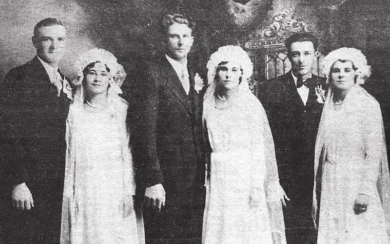 In October, 1981, three couples celebrated their 50th anniversary. They were married in a joint ceremony in October, 1931. L-R are John and Maggie Schweitzer, Valentine and Christine Keller, and Wendelin and Katie Senger on their wedding day. The triple ceremony was performed by Father Monoghan of Isabel, Father Lahe of McIntosh, Father H. J. Klein of Glencross, and Father F. W. Healy of Timber Lake. Timber Lake Topic October 22, 1981