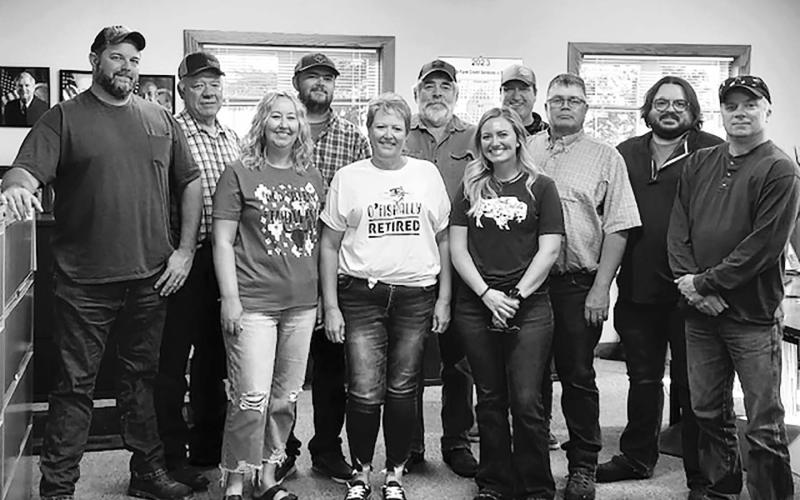USDA employees at Bonita Richter’s farewell party on September 30 are (FRONT) L-R: Cindy Hulm (Bison NRCS), Bonita, Bailee Alley (McIntosh NRCS); BACK: Zack Studeville (Rapid City Field Support), Al Faulkner (retired from Corson County NRCS), Seth Haigh (Rapid City Field Support), Roy Boschee (retired Rapid City Field Support), Nate Grueb (Dupree NRCS), Dennis Evenson (McIntosh NRCS), Pat Pesicka (Timber Lake NRCS), Ryan Beer (Bison NRCS).