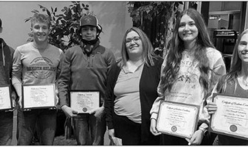 Five Timber Lake seniors were awarded scholarships from the Cheyenne River Sioux Tribe Telephone Authority. L-R are Carter Keller ($1,000), Gracen Hansen ($1,000), Tristan Dupris ($1,000), Iyonne Jewett (presenter), Sara Holzer ($250 Salutatorian scholarship), and Averie Marshall ($250 Valedictorian scholarship).