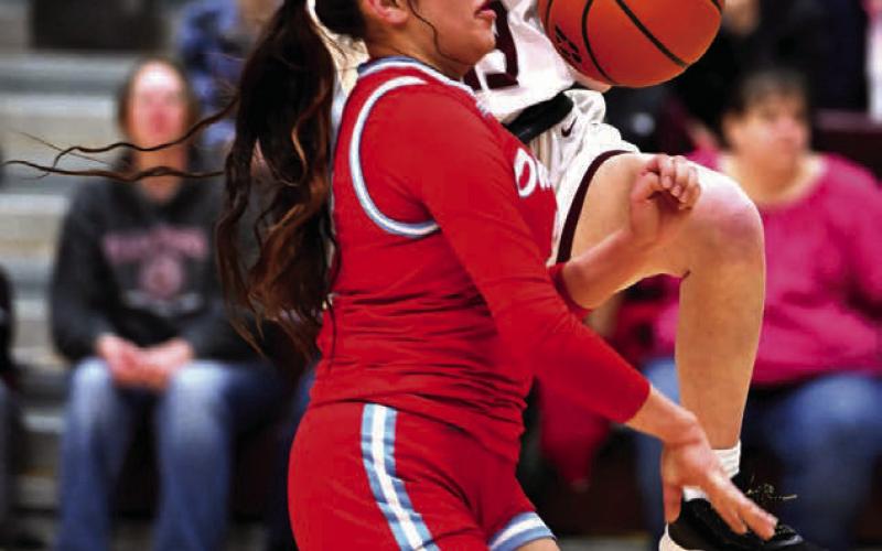 Sophomore guard Sara Keller is fouled by a Cheyenne-Eagle Butte defender as she drives for a layup during recent girls basketball action in Timber Lake. The Lady Panthers advanced out of the first round of the Region 8B Tournament last week but were eliminated in the second round by undefeated and third-ranked Harding County Photo by Marie Du Preez