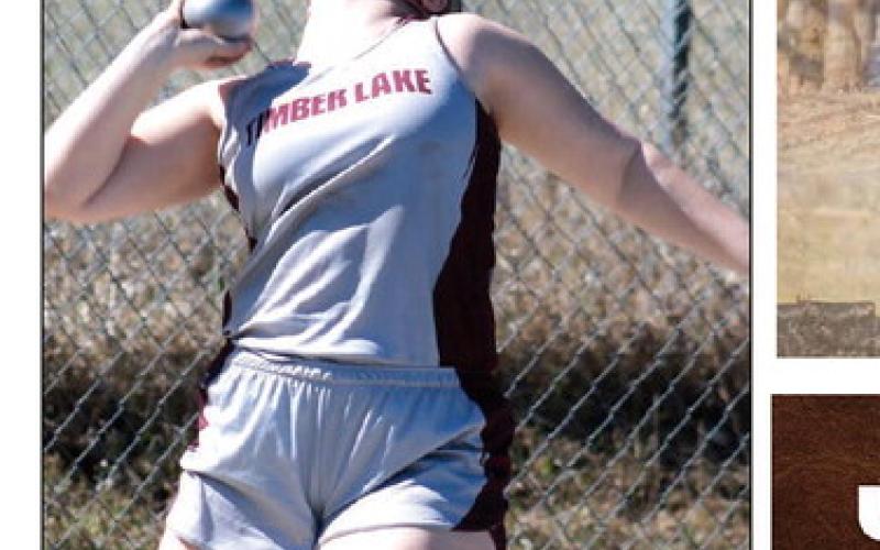 Timber Lake’s Katelyn Biegler competes in the shot put during recent track and field action. Biegler, an eighth grader, placed eighth overall at the Sully Buttes MS/JV Early Bird Meet. Photo by Jon Flatland