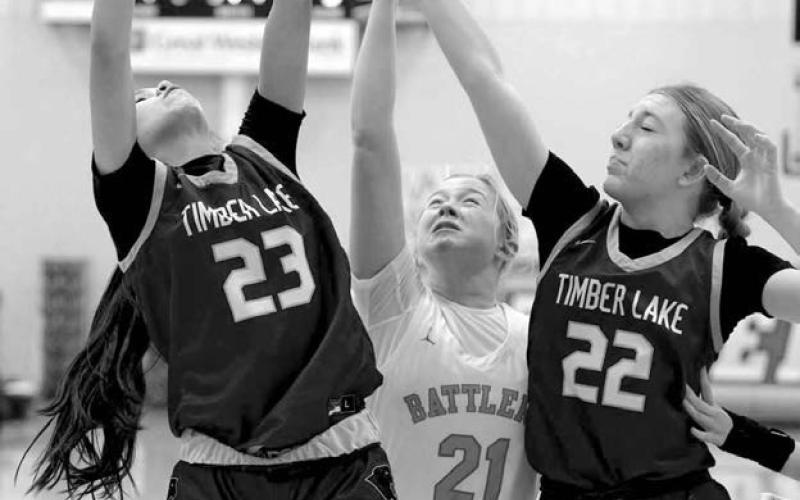 Lady Panthers Autym Red Bear (23) and Addison Lindskov (22) reach for a rebound while boxing out Gettysburg’s Peyton Stevens in action from last week. Timber Lake will face Faith in the first round of the LMC Tournament that gets underway Friday, Jan. 23. in Lemmon. The Lady Panthers beat the Longhorns in overtime earlier this season. Topic Photo/Marie DuPreez
