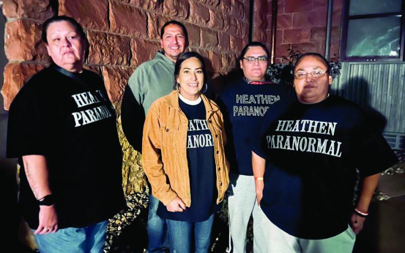 Members of the Heathen Paranormal group are (l-r) Karen RedFox, Dave West, Michelle Santos-West, Lenora Wassana, and Stacy Spotted Bear. The 7th Generation Cinema in Eagle Butte (above) is a location with a long history of paranormal activity. Members say there are regular reports of people seeing a ghostly young girl peering around corners and doorways in the building.
