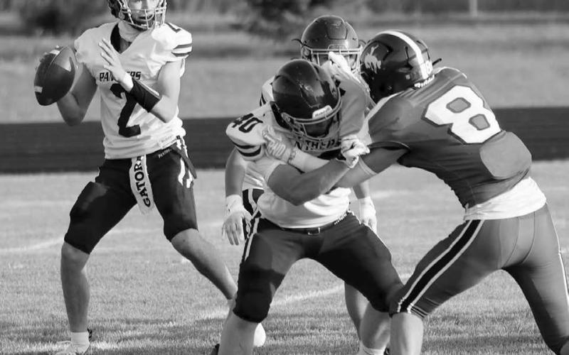 Timber Lake quarterback Pete Maher (2) had time in the passing pocket thanks to blocking by Devon Keller (40) in the Panthers ‘22-20 season opening win over Lemmon-McIntosh last Friday at Lions Field in Lemmon. Maher completed 8-of-17 passing attempts for 95 yards and a touchdown. Timber Lake hosts Herreid-Selby on Thursday, Sept.3 and Hill City on Friday, Sept. 11.