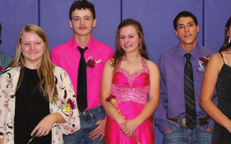 RIGHT: Representing the 9th-11th graders in the royal court were (L-R): 9th graders JW Pederson and Carsyn Farlee, 10th graders Trigg LaPlante and Desirae Coates, and 11th graders Eli Padilla and Haley Rapada.