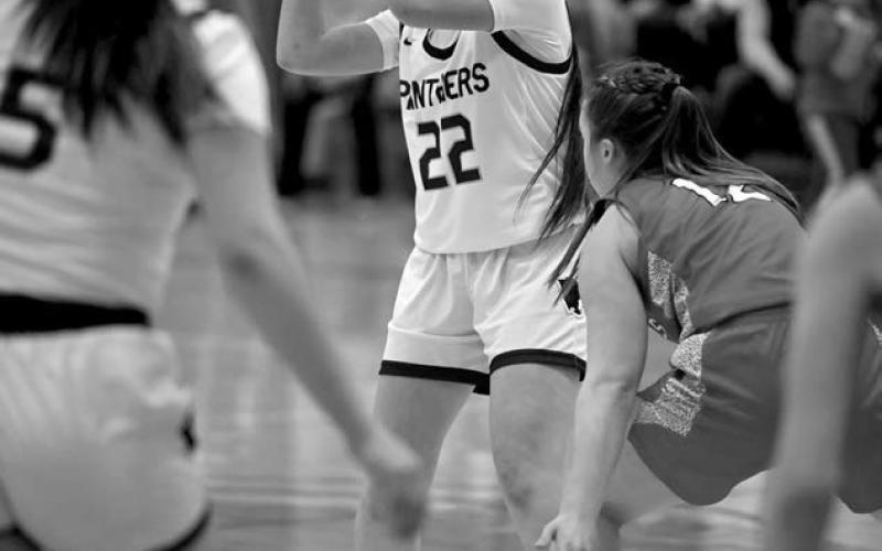 Kanton Hunt (left) lays up a shot during the Panther boys meeting with Tiospaye Topa last Saturday, Jan. 11. Hunt finished the contest leading all scorers with 25 points in the Panther victory. Above, guard Ruby Maher (22) looks for a teammate to pass to while running the Timber Lake offense against Potter County. The Lady Panthers take a three-game win streak into a matchup with visiting McLaughlin on Friday, Jan. 17. Photos by Marie DuPreez