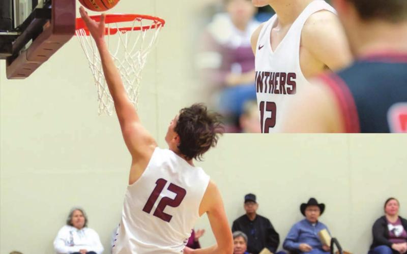 Timber Lake senior Dixon Booth (12) hit a game-winning 3-point shot to sink the Faith Longhorns during Timber Lake’s Jan. 6 road game. File photos by Robert Slocum