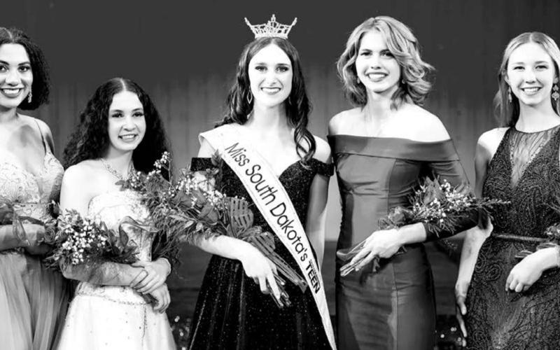 Pictured at the Miss South Dakota’s Outstanding Teen Pageant are (L-R) Javonte Madsen (third runner-up), Karina Novotny (fourth runner-up), Miss South Dakota’s Outstanding Teen Olivia Odenbrett, Natalie Biegler (first runner-up), and Sydney Lockhart (second runner-up).
