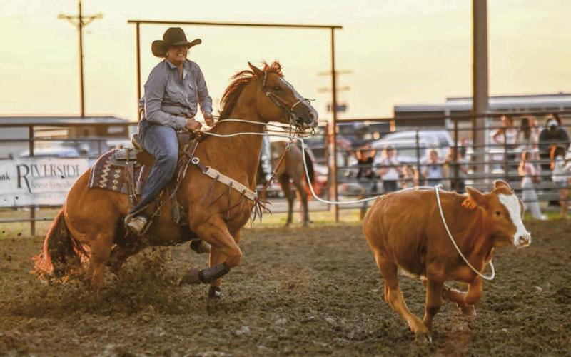 Tessa Goldade of Timber Lake makes a successful run during the ladies breakaway roping event at the Days of 1910 Rodeo last weekend. Photo by Chuck Miner