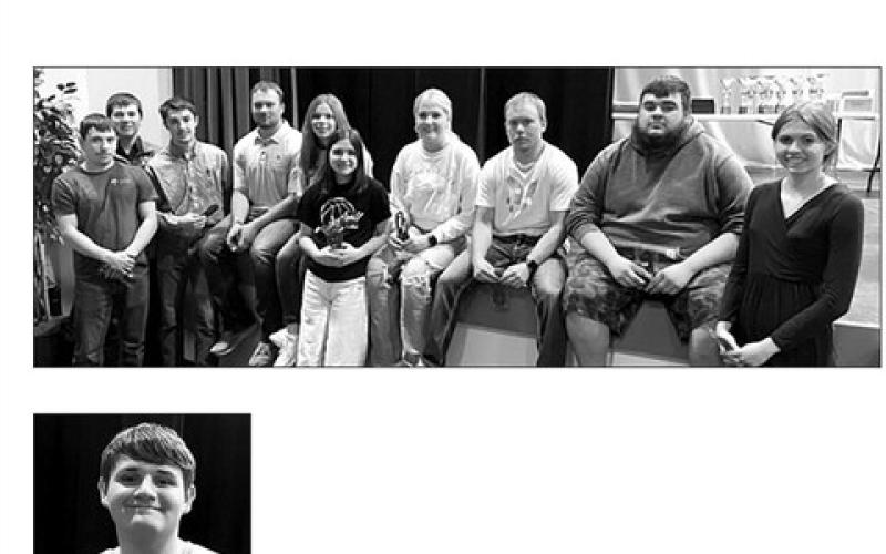 Seniors who received FFA honor cords for graduation(L-R): Slater Ducheneaux, Konor Lindskov, Caleb Bieber, A.J. Lindskov, Cindy Hoyt, Abby Linderman, Code Enright, Jayden Miller, Dawson Jewett, Natalie Biegler. NOT PICTURED: Tobi Hintz, Thane Keller.