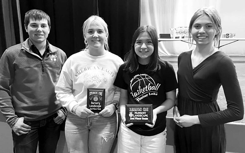 RIGHT: Two TLHS Nursery Landscape Teams placed 2nd at the Lemmon and Sturgis CDE Contests: L-R are Konor Lindskov, Code Enright, Abby Linderman, and Natalie Biegler. NOT PICTURED: Tobi Hintz.