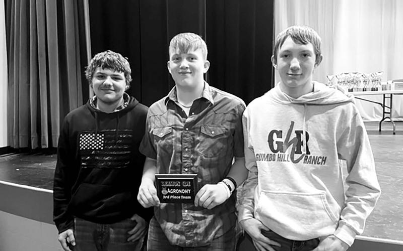 The Timber Lake FFA Agronomy Team placed third at the CDE (Career Development Event) Contest at Lemmon. L-R: Tye Boldt, Braylen Hansen, and TJ Alley.