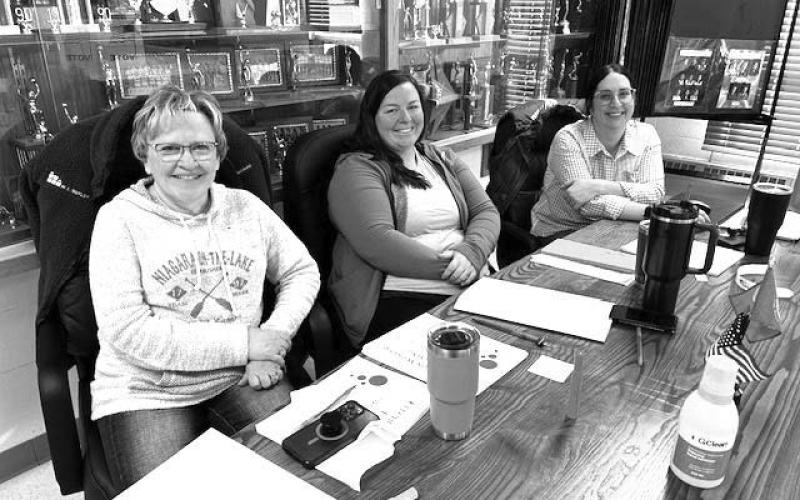 Serving as election workers at the Isabel Community Center were (l-r) Heidi Boldt, Marie Du Preez, Lacey Finkbeiner. Incumbent Daryl Pfaff defeated challenger Kyle Boysen for re-election to the Isabel Board of Trustees.