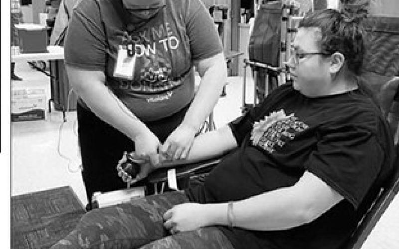 Pelagie Bridges of Timber Lake was one of the donors who gave blood at the Timber Lake Community Blood Drive on Wednesday, January 18. Vitalant conducted the blood drive at the Timber Lake Community Center. Photo by Kathy Nelson