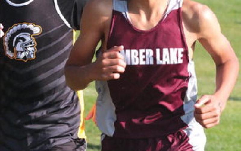 Timber Lake freshman Xavier Sanchez-Gonzalez finished 10th overall in the varsity boys division at the Mobridge-Pollock Cross Country Invitational run Saturday, Aug. 26, at Oahe Hills Golf Course. He posted a time of 19:42.92 on the 5,000-meter course. Photo by Jon Flatland