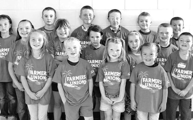 Kids who attended Farmers Union Day Camp were: Front (l-r): Charlie Long, Rhett Aberle, Jessa Aberle, Hazel Spiel; Middle: Zoey Spiel, Clara Nilson, Lochlyn Goldade, Remington Aberle, Trevor Aberle, Koleson Long; Back: Joslyn Goldade, Camden Goldade, Vern Long, Greyson Goldade, Ryder Spiel, and Bryson Long.