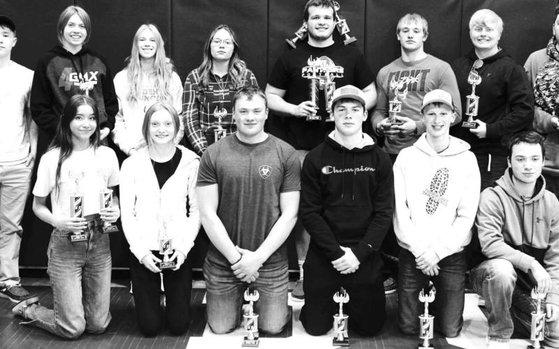 Timber Lake students who placed in the top 5 at the Northwest Area Schools Academic Olympics are (FRONT) L-R: Natalie Gross, Jordan Jones, A.J. Lindskov, Carter Keller, Holden Gill, Tyler Keller; BACK: Gabe Keller, Natalie Biegler, Averie Marshall, Michaela Alley, Sawyer Holzer, Hank Kraft, Shawn Quinn, Michael Rousseau.