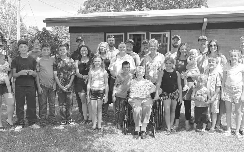 Fauneil Keller celebrated her 90th birthday on July 17. Many of her grandchildren, great-grandchildren, nieces, nephews, and friends came together for an afternoon of visiting, games, and treats at the Walworth County Care Center in Selby. Front (l-r): Remi Schott, Terek, Fauneil, Teagan, Oliver, Conner, and Fiona; Middle: Pam Schott (holding Grace), Albert, Bodee, Korbin, Bridget, Stacy, Jordan Jones, Pat, Brie (holding Alina), Tasha; Back: Bailey, Albert, Perry, Gabe, Joel Aberle, Pierce, Alex, Ian.