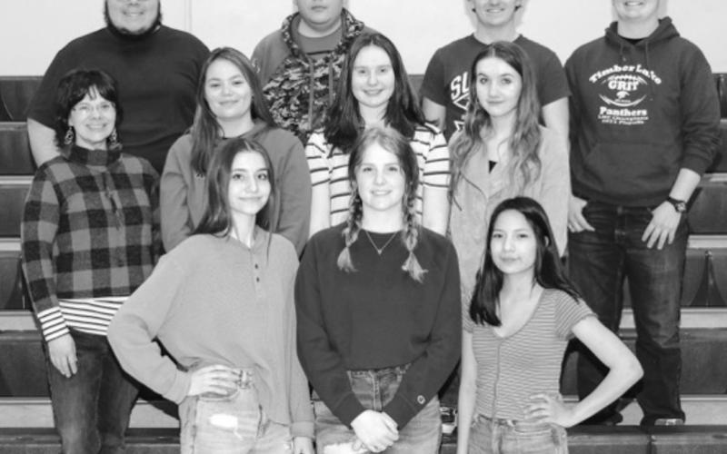 Chorus FRONT (L-R): Natalie Gross, Code Enright, Raylin Red Fox; MIDDLE: Director Julie Barnica, Michaela Alley, Brenna Atchley, Lola Hornick; BACK: Seth Barnica, Michael Rousseau, Caleb Quinn, Shawn Quinn. NOT PICTURED: Ameriah Eagleman.