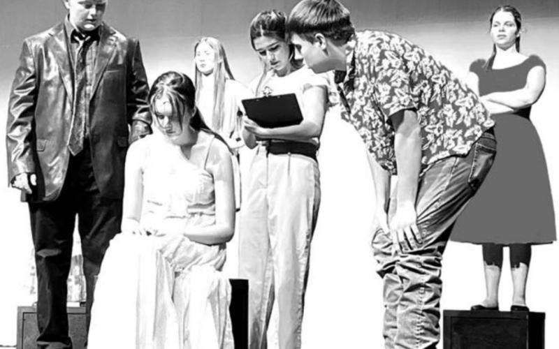 FRONT L-R Shawn Quinn, Lola Hornick, Abby Linderman and Wylee Keller in a scene from “Property Rites.” BACK: Averie Marshall and Manuela Molinera-Munoz