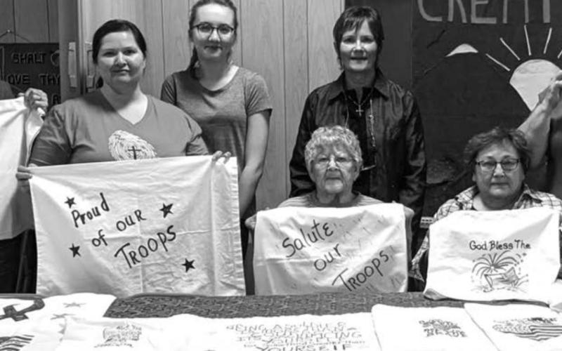 American Legion Auxiliary members from the Isabel Unit 120 embroidered pillow cases to be sent to active duty military people as part of “Operation Pillowcase.” FRONT (L-R): Cary Jo Hornick, Grace Munyon, Joann Fritz; BACK: Cheryl Boldt, Lola Hornick, Mary Harris, and Lois Bartlett.