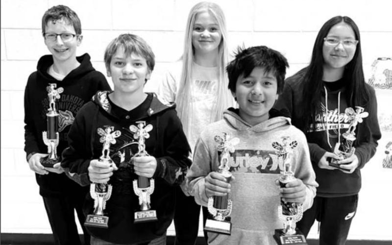 TIMBER LAKE MIDDLE SCHOOL TROPHY WINNERS. L-R: Hudson Gill, Preston Maciejewski, Hailey Roggow, Demetrius Sanchez Gonzales, Amanda Red Bear.
