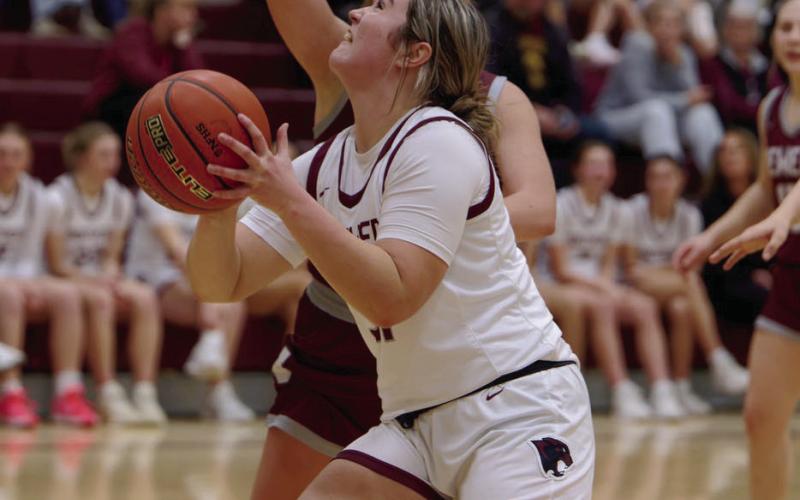 Timber Lake forward Kate Biegler eyes the basket on a drive through the lane during regular season action against Newell. The Lady Panthers beat Newell in the quarterfinals of the Region 8B Girls Basketball Tournament last week. Topic Photo/Marie DePreez