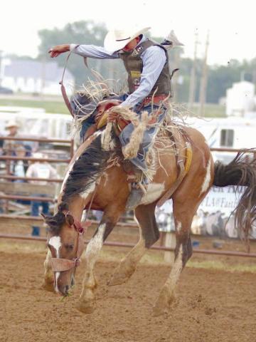 Mark Sandquist of Trail City rides a bronc in this Topic file photo from 2023. Sandquist won the saddle bronc event at the River Region HS rodeo in Kadoka last weekend and will be heading to the State High School Finals Rodeo later this month.
