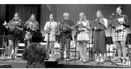 The High School Choir sang four selections at the Middle School/High School Spring Concert on May 2. Singers included (L-R) Rylee Martin, Kessa Bigger, Natalie Gross, Shawn Quinn, Code Enright, Brenna Atchley, and Hermione Boysen.