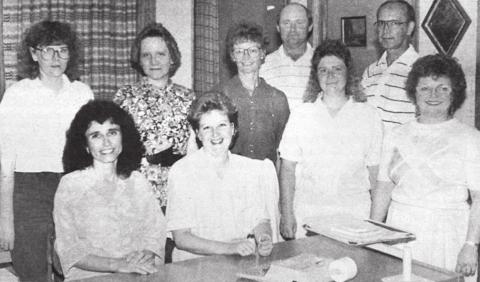 Personnel at Western Dakota Bank were pictured in an ad in the Isabel Dakotan on August 1, 1991. FRONT (L-R): Mattie Lou Doan, Monica Mayer, Marcia Maher, Pat Kjellsen; BACK: Diane Hahne, Karma Nash, Betty Strehlow, Butch Webb, Dan McKinnon.