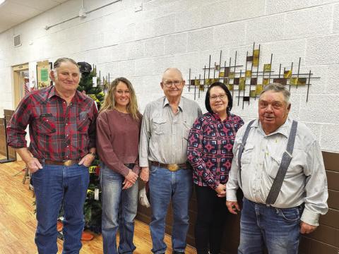 The Dewey County Commission reorganized last Tuesday, Jan. 2, with Bob Berndt of Eagle Butte (far left) selected as chairman. To the right of Berndt are Mandy Locken of Isabel, Rod Enright of Timber Lake, Dee Ann Lawrence of Eagle Butte and Bob Keckler of Eagle Butte. Keckler was elected vice-chairman of the board. Photo by Kathy Nelson