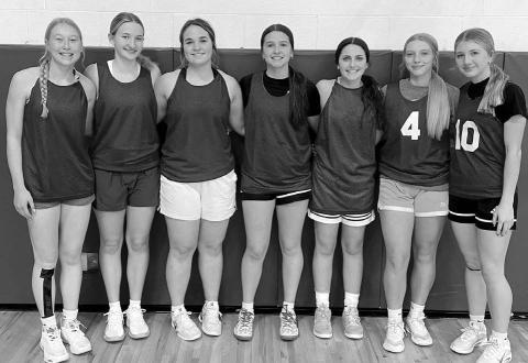 Timber Lake Girls Basketball Head Coach Tuffy Thompson is building his team around seven returning letter winners and an up-and-coming Jr. High program. From left to right are Talley Locken, Paislee Keller, Kate Biegler, Jaylee Schoelerman, Ruby Maher, Madelyn Hermes and Addison Lindskov.