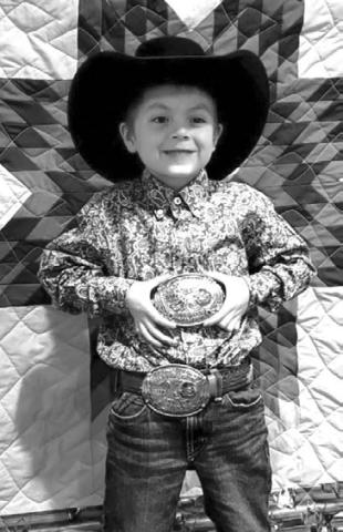 Ryder Spiel, son of Travis and Mercedes Spiel of Parade and a First Grade student at Timber Lake, competed this summer in the Sitting Bull College Young Rodeo Series, where he won the Pee Wee Division championship for dummy roping as well as Pee Wee All-Around Cowboy honors. He collected his championship buckles last Friday, Nov. 3, during the series’ awards banquet.